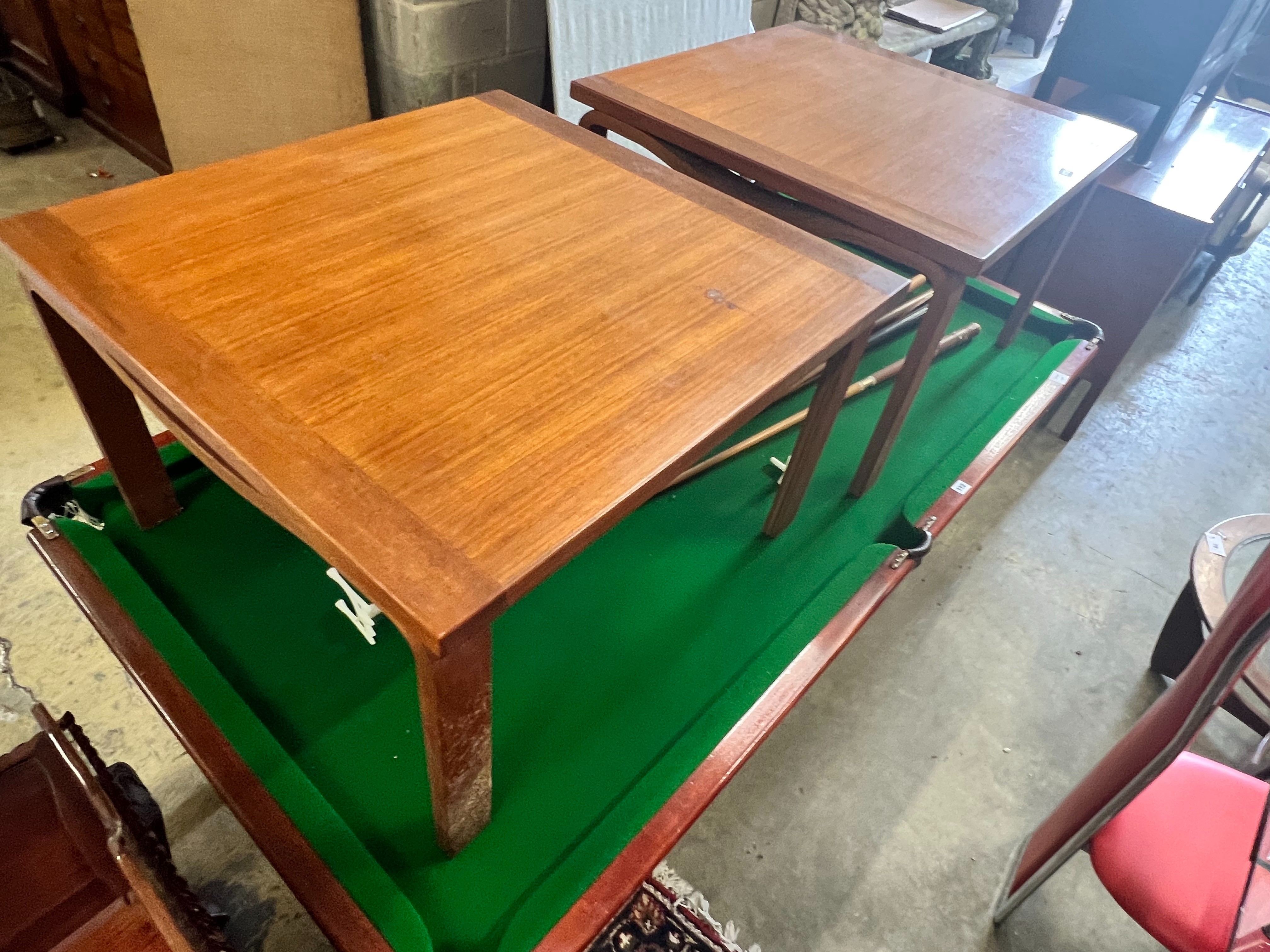 A pair of 1950's Danish teak coffee tables, width 76cm depth 76cm height 47cm
